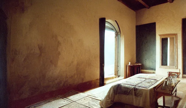 Image similar to A bedroom designed by Donatello, 35mm film, long shot