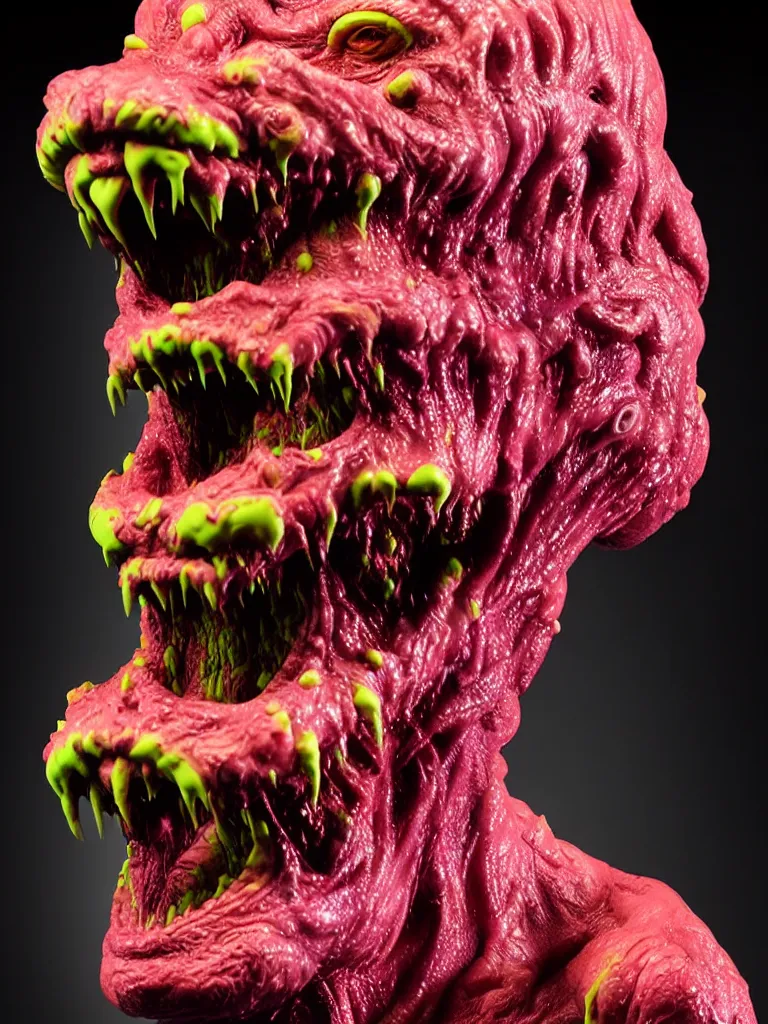 Image similar to hyperrealistic rendering, fat smooth wet cronenberg flesh monster smooth kaiju by art of skinner and richard corben and jeff easley, product photography, action figure, sofubi, studio lighting, colored gels