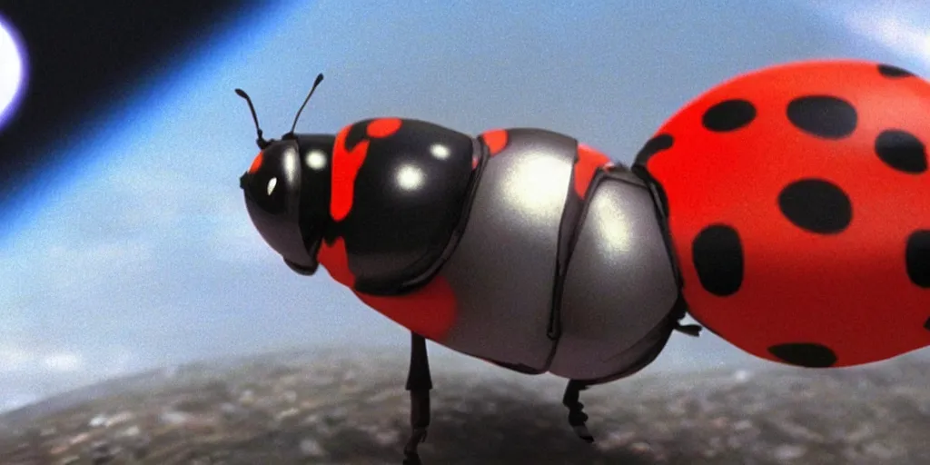 Image similar to a 3 d rendered movie still a ladybug descendant 1 million into the future. the ladybug is sentient, wears a spacesuit, and explores cosmos in a super awesome space ship. science fiction blockbuster movie ladybugs rule the world or my stepmom is a ladybug from the future, imax 7 0 mm. 2 0 0 1 a space odyssey ( film )