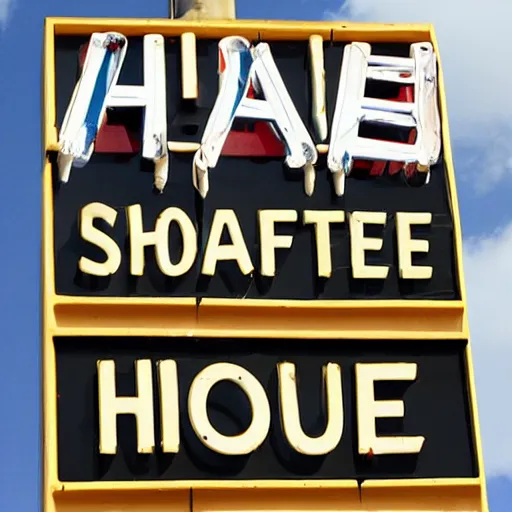 Prompt: waffle house sign, funny jumbled letters