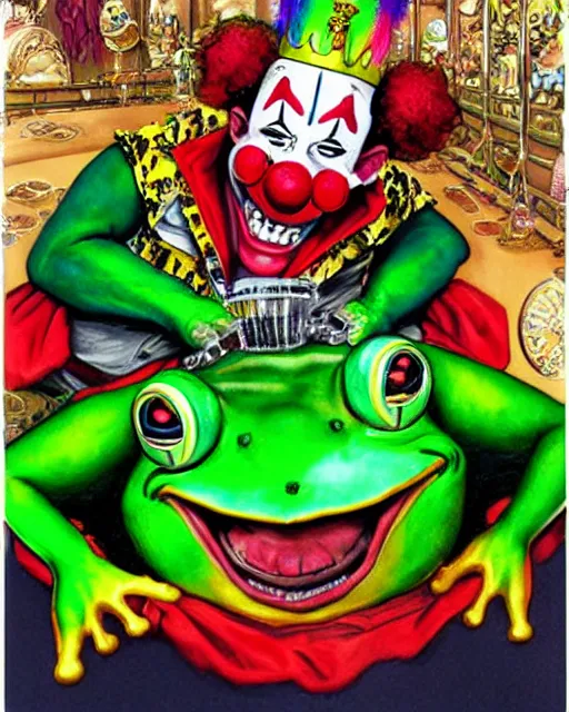 Image similar to Clown Frog King popping champagne at the roulette table, clown frog king wearing clown makeup and rainbow wig, clown crown artwork by Glenn Fabry and Kentaro Miura