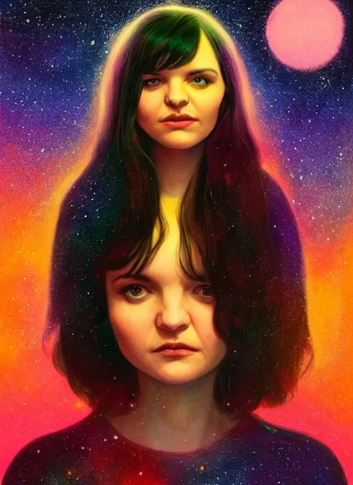 Prompt: full - length portrait of lauren mayberry, standing in front of a colorful starry galaxy, detailed face, fantasy, cinematic lighting, digital art painting, fine details by realistic shaded lighting poster by ilya kuvshinov katsuhiro otomo, magali villeneuve, artgerm, jeremy lipkin and michael garmash and rob rey