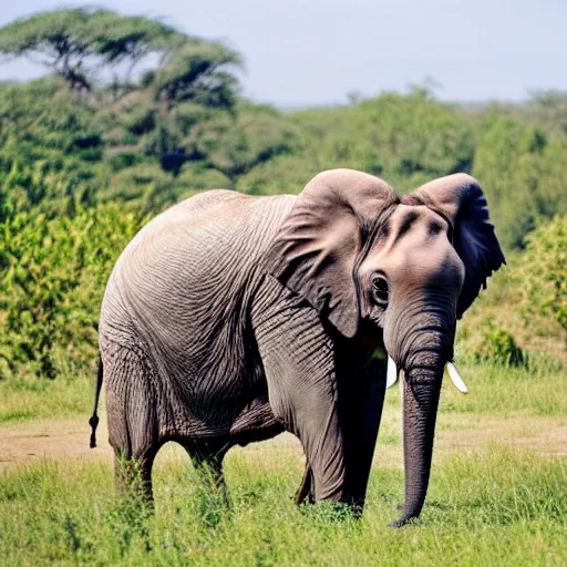 Image similar to a Elephant-Pug Hybrid, A Elephant that looks like a pug, huge tusks, afternoon hangout, good times photograph, candid