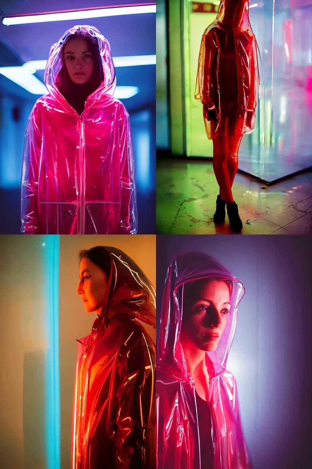 Image similar to A realistic and detailed portrait photography of a woman wearing a futuristic transparent raincoat with hoodie. by Annie Leibovitz. Neo noir style. Cinematic. Red neon lights and glow in the background. Cinestill 800T film. Lens flare. Helios 44m. Ultra detail. Photoreal. Depth of field.