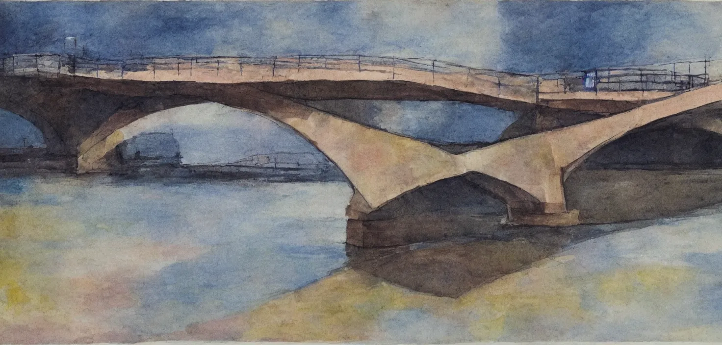 Image similar to bridge over a river , angular, splotches, soft outlines, high contrast, muted colours