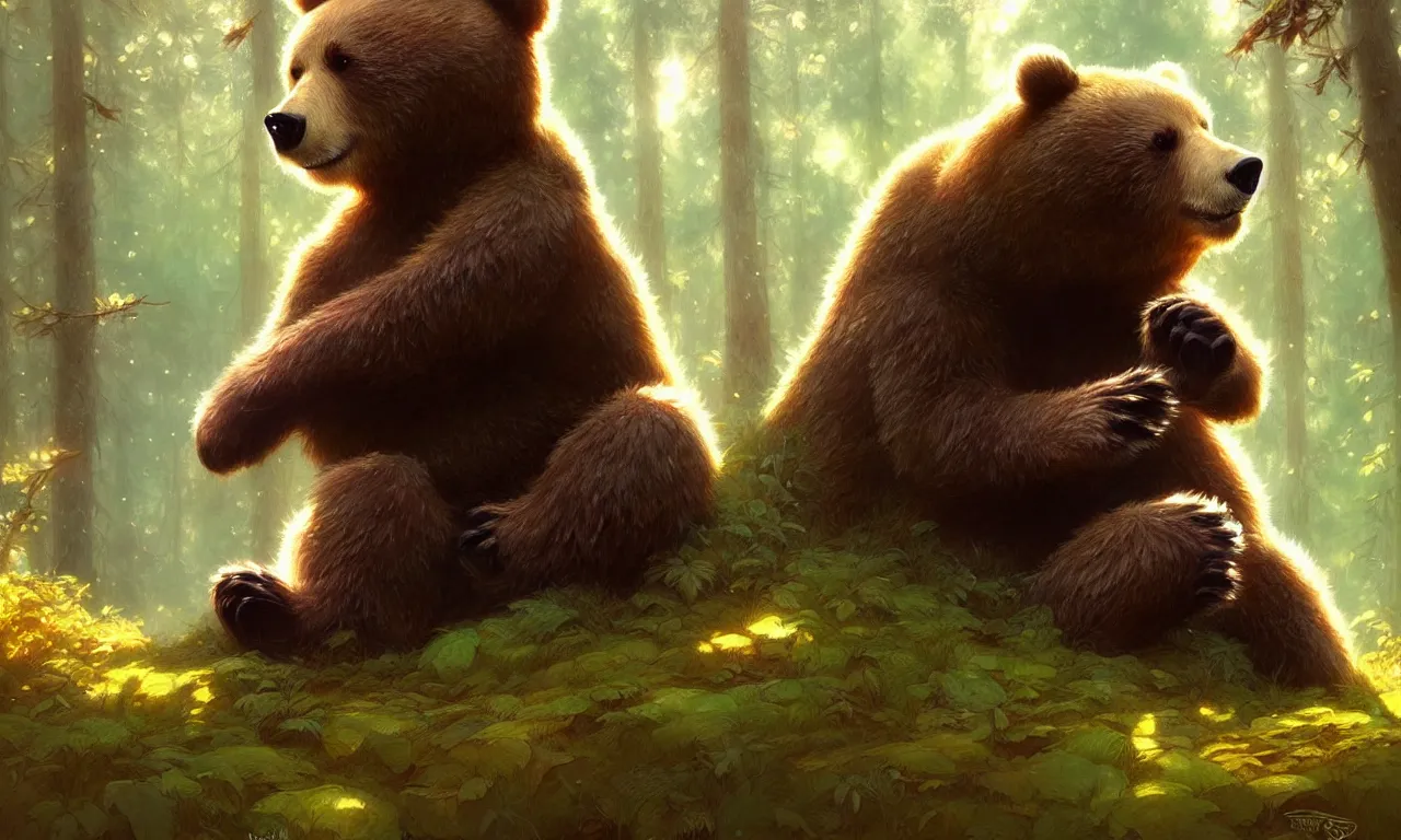 Prompt: cute cartoon bear in forest, sharp focus, illustration, highly detailed, digital painting, concept art, matte, art by wlop and artgerm and greg rutkowski and alphonse mucha, masterpiece