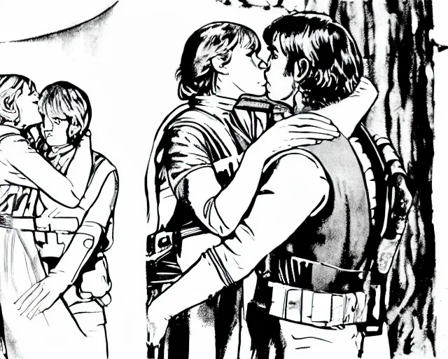 Image similar to luke skywalker, princess leia and han solo hugging and kissing in the forest of endor at the end of return of the jedi