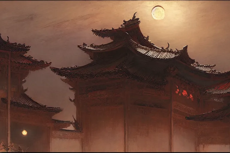 Prompt: wuxia, moon, roof, night, painting by gaston bussiere, craig mullins, j. c. leyendecker