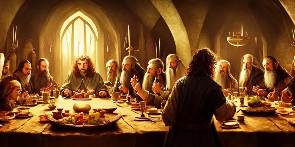 Image similar to the hobbit last supper by greg rutkowski, digital painting, trending on artstation, sharp focus, 4 k