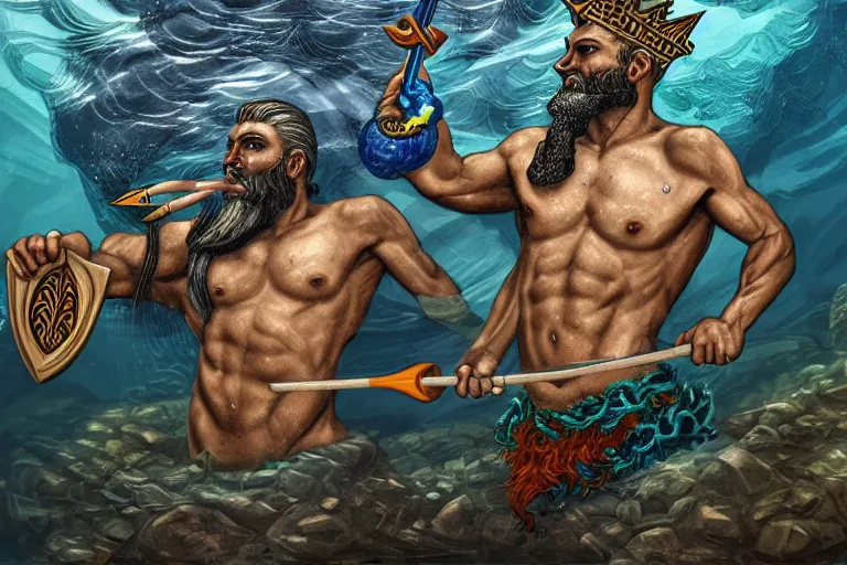 Prompt: high quality 4 k resolution go pro photo of storm god poseidon taking a selfie of himself underwater look king confused holding his trident, illustration by billy butcher, intricate and highly detailed