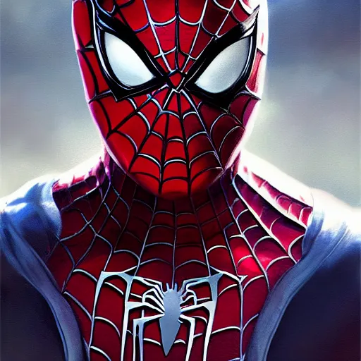 Image similar to spiderman closeup portrait, dramatic light, lake background, 2 0 0 mm focal length, painted by stanley lau, painted by greg rutkowski, painted by stanley artgerm, digital art, trending on artstation