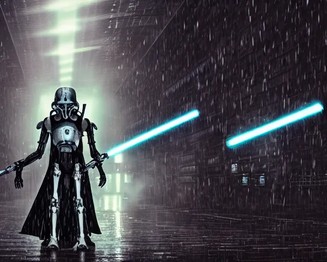 Image similar to photo of general grievous with 4 arms holding 4 activated lightsabers in the rain. cyberpunk horror style. highly detailed 8 k. intricate. nikon d 8 5 0 5 5 mm. award winning photography.