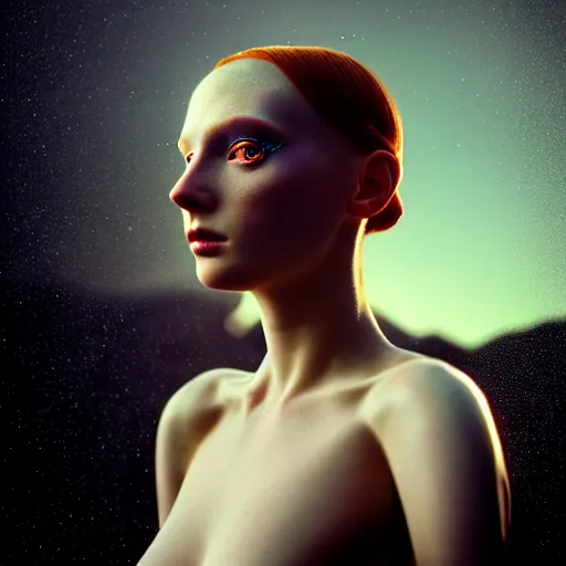 Image similar to photographic portrait of a stunningly beautiful renaissance replicant android with glitch art tattoos female in soft dreamy light at sunset, contemporary fashion shoot, by edward robert hughes, annie leibovitz and steve mccurry, david lazar, jimmy nelsson, breathtaking, 8 k resolution, extremely detailed, beautiful, establishing shot, artistic, hyperrealistic, beautiful face, octane render