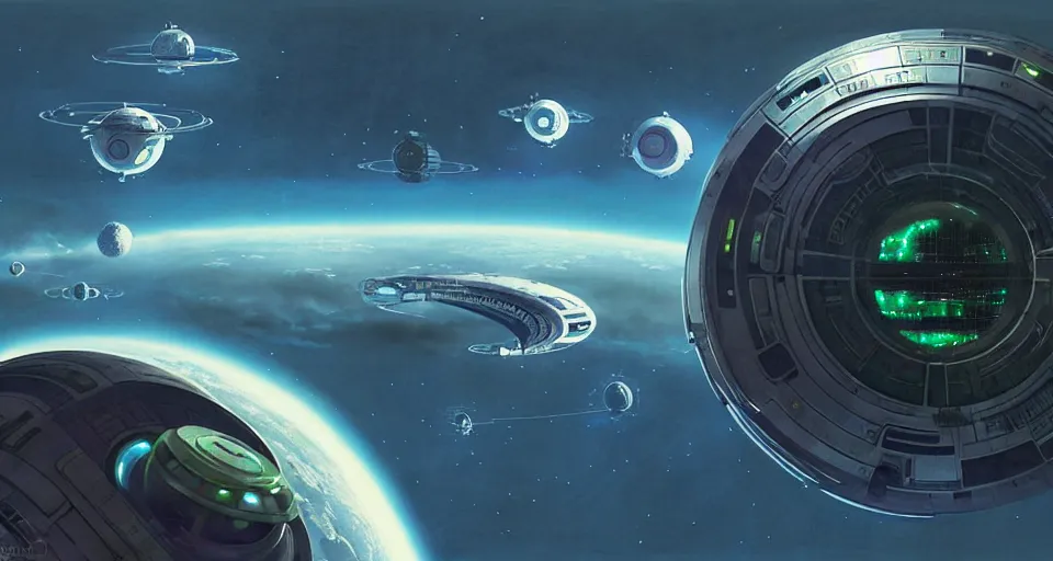 Prompt: ( futuristic giant round space station!!! ) in orbit above a green! planet!!! ( starships! ) | hyper realistic sci - fi matte concept art painting, beautiful details, painted by kim jung guweta studio rutkowski, james gurney and greg rutkowski, and lucasfilm, smooth, intricate, detailed, sharp focus, cinematic
