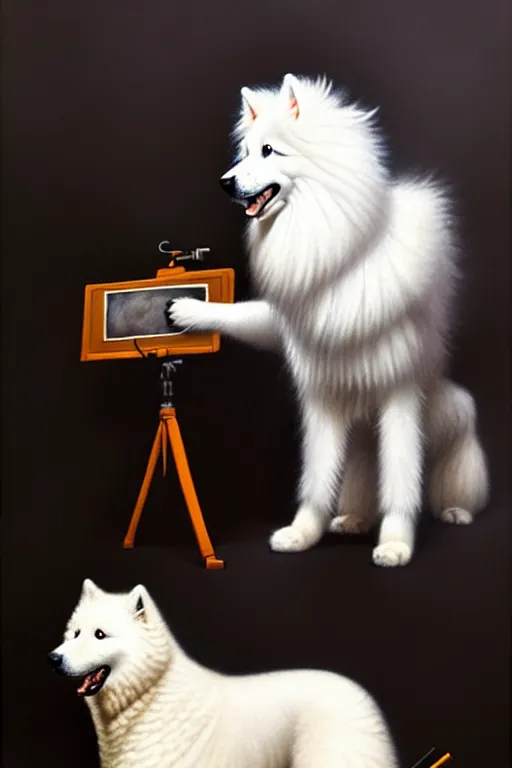 Image similar to pet samoyed with equipment, portrait by anna podedworna and greg rutkowski