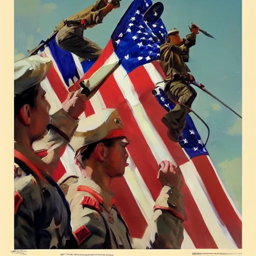 Prompt: greg manchess painting of a propganda poster of a group of soldiers raising the american flag, painting, trending on artstation, by huang guangjian and gil elvgren and sachin teng