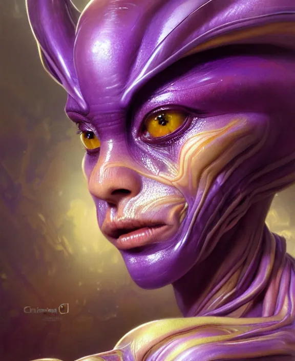 Image similar to intricate purple and orange portrait of a disturbing beautiful alien insect creature, mottling coloring, adorable, childlike, medical equipment hospital environment, ultra realistic, concept art, art nouveau, photorealistic, octane render, 8 k, unreal engine. art by christopher marley and artgerm and greg rutkowski and alphonse mucha