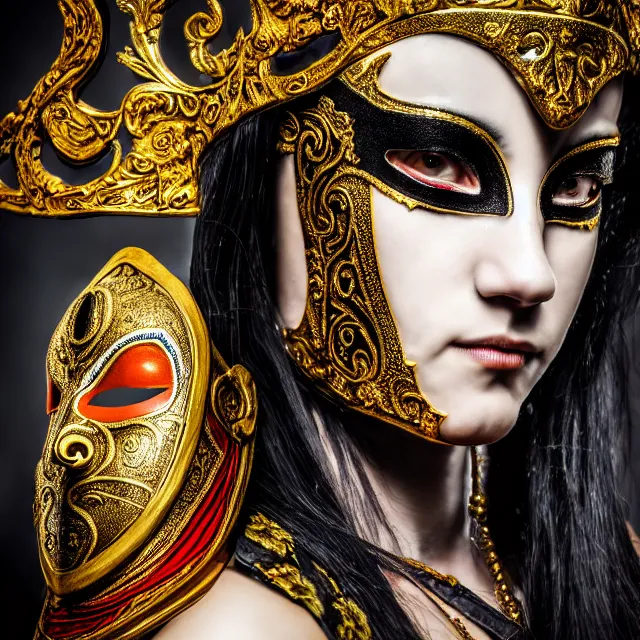 Image similar to female warrior with ornate venetian mask highly detailed, 4 k, hdr, close up, portrait, smooth, sharp focus, high resolution, award - winning photo