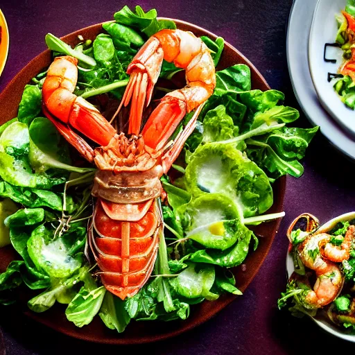 Prompt: a plate of food made of salad and huge alien shrimp xenomorph, award winning photographer, food photography