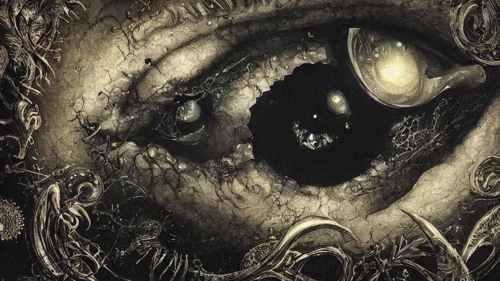 Prompt: a beautiful dreamy painting of a coronavirus inside a broken television screen, evil eye, dark, sinister, detailed, high contrast, art by Ernst Haeckel and Greg Rutkowski