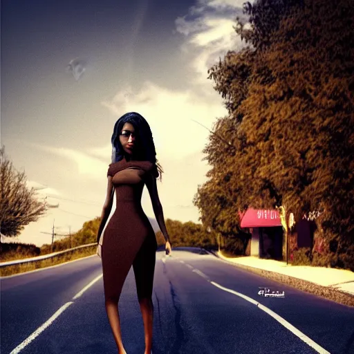 Prompt: a fashion model, creative, brown skin, digital art, photo manipulation, colossal, artstation, standing, road,
