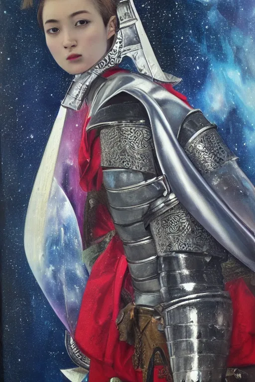 Image similar to hyperrealism oil painting, close - up portrait of medieval fashion model, knight, steel gradient mixed with nebula sky, in style of baroque mixed with 7 0 s japan book art