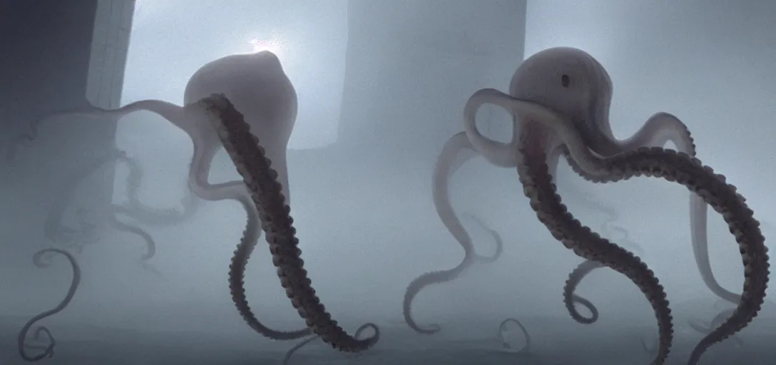 Image similar to an octopus trapped in a bottle, foggy, cinematic shot, photo still from movie by denis villeneuve, wayne barlowe