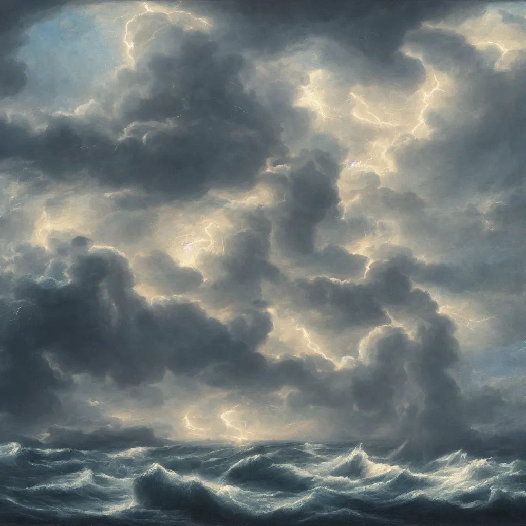 Image similar to a fantasy landscape of a giant squid in a stormy sea, giant waves, lightning in the background, small boat, oil painting, 4 k