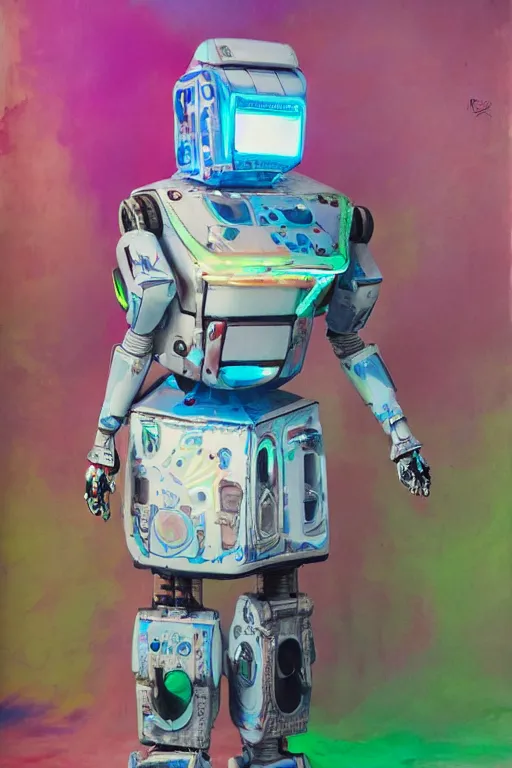 Prompt: a massive robot wearing a diy! costume, with fluo colored details, muted colors, vivienne westwood, nausicaa, hyper real painting