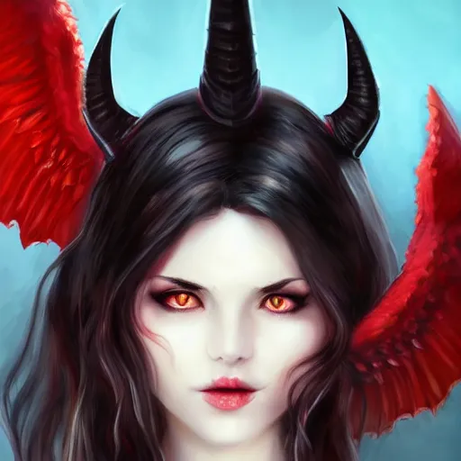 Image similar to portrait of pale smiling demonic girl with devil\'s horns and angel nimbus, cover by Artgerm  from artstation