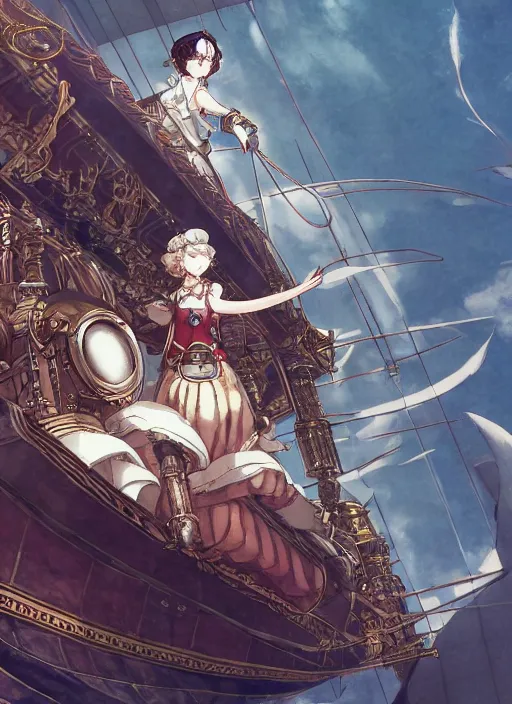 Prompt: character portrait of the pearl herald on an imperial airship, hidari, color page, tankoban, 4K, tone mapping, Akihiko Yoshida.