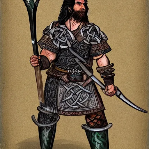 Image similar to full face and body character design reference art of Eoghaill of the Murine Hordes, a male La Tene Culture Celtic chieftain and warrior, resplendent and proud of bearing, long black hair, hirsute and muscled, wielding a Celtic longsword. Has a rat familiar. high quality, high detail, realistic gouache illustration, in the style of: Angus McBride, Mike Mignola, Jean Giraud, Alex Ross, and Michael William Kaluta.