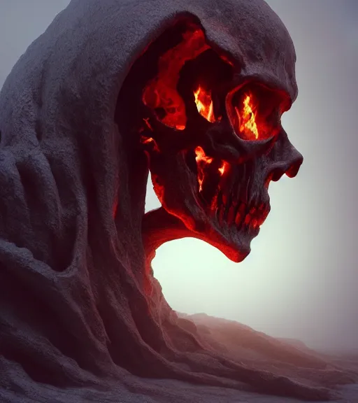 Image similar to burning skull, by zdzislaw beksinski, octane render, unreal engine 5, trending on artstation