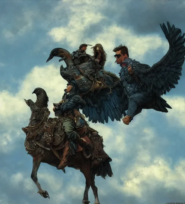 Prompt: cloudy day, three silhouettes riding a giant pigeon in the sky, in the distance, 1 9 7 0 s, intricate, moody, tasteful, intimate, highly detailed, short focus depth, artgerm, donato giancola, joseph christian leyendecker