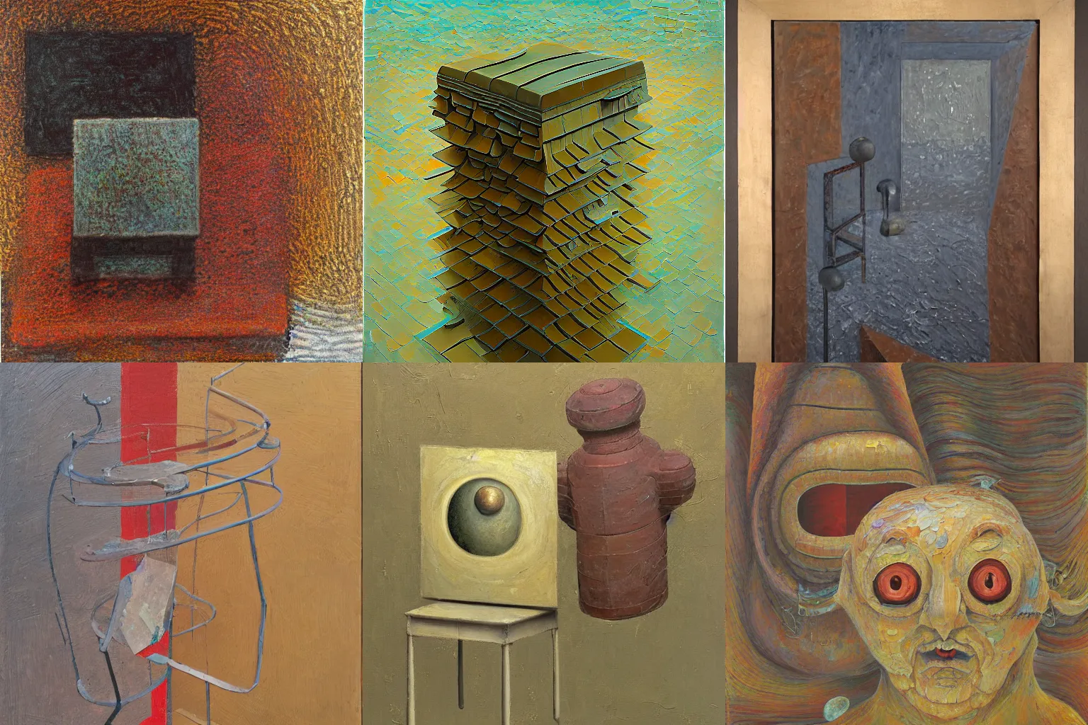 Prompt: a detailed, impasto painting by shaun tan and louise bourgeois of an abstract forgotten sculpture by ivan seal and the caretaker, gradient floor background