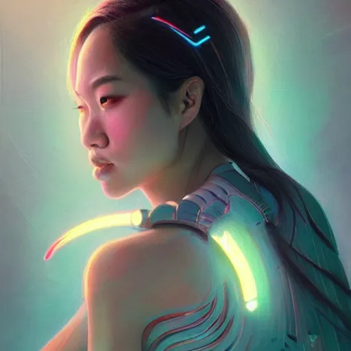 Image similar to portrait of asian female humanoid, intricate, elegant, cyber neon lights, highly detailed, digital illustration, trending in artstation, trending in pinterest, glamor pose, concept art, smooth, sharp focus, art by artgerm and greg rutkowski