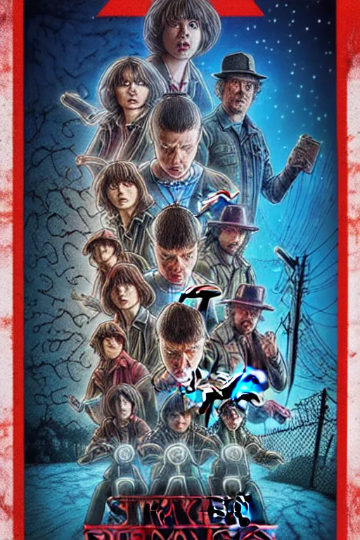 Image similar to Poster for the 5th season of Stranger Things, Demons, horror, pure evil, Series on Netflix, disaster, Hawkins, Vecna, Movie poster, poster, design, Symmetry, Symmetrical, Border, Framed