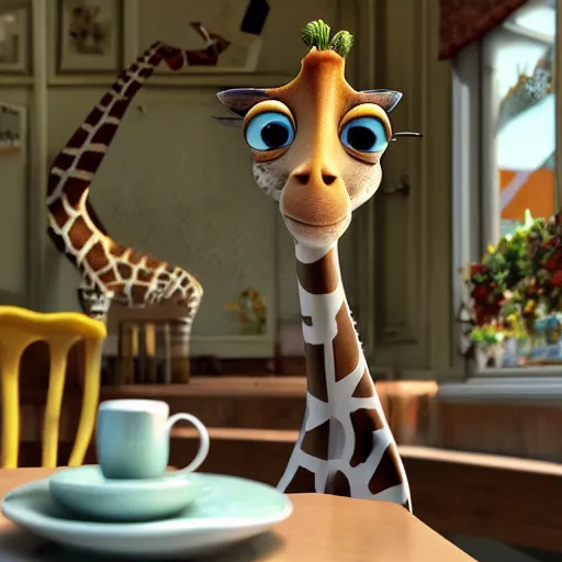 Image similar to a giraffe with big eyes looking for a cup of coffee in beautiful morning café in Paris. Pixar Disney 4K 3d render funny animation movie Oscar winning trending on ArtStation and Behance. Ratatouille style.