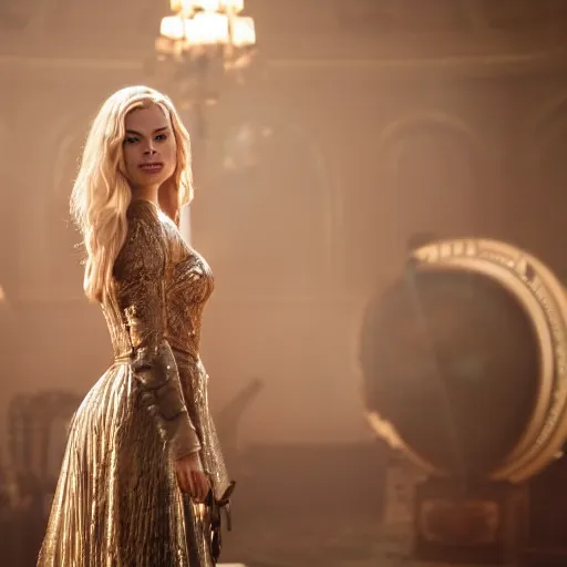 Prompt: hyper realistic action shot of Lux in the movie of Legends played by Margot Robbie, 4k, Carl Zeiss, sigma, Tamron so 85mm, stunning arcanum backdrop, magic, ornate set design, cinematic, lute