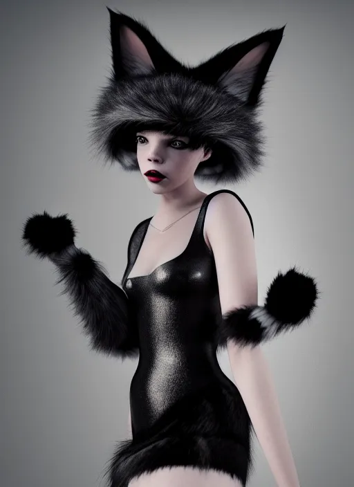 Image similar to full body environmental portrait photo of dressed catgirl anya taylor - joy, cat ears made from fur, glamour shot by gemmy woud - binnendijk, chris knight, photorealistic, canon r 3, fashion photography, elegant, luxury and elite, symmetry, octane render, unreal engine, solid dark grey background, dramatic lights, high fashion journal cover