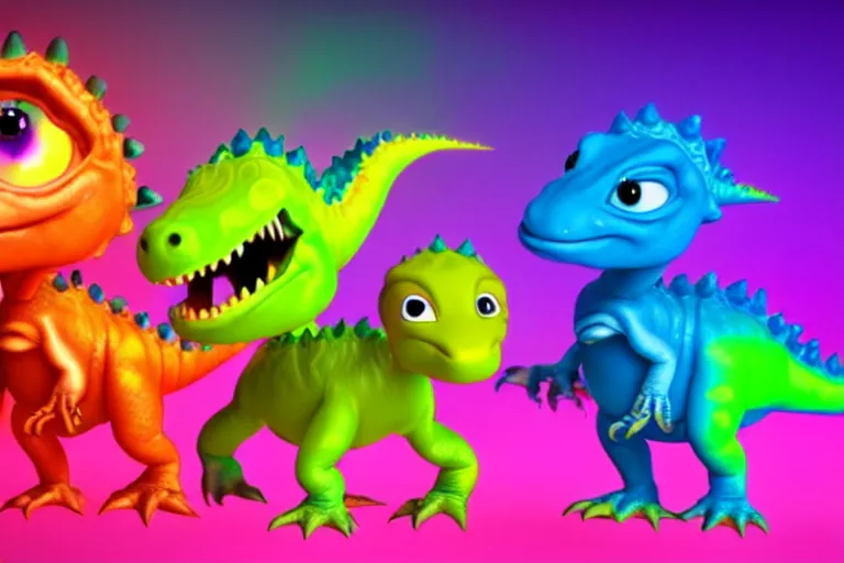 Image similar to pixar designed cute, smiling chibi style baby dinosaurs made entirely out of glowing electrified hypercolor plasma, having fun inside a psychedelic realm made entirely out of love and acceptance and hypercolors. astral beings sharing love. renderman, ray tracing, symmetrical faces, 3 d models