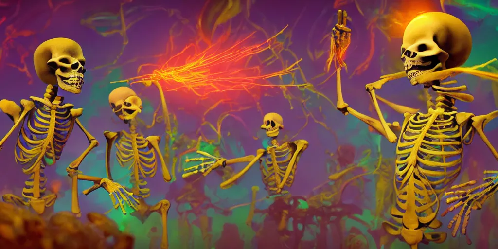 Image similar to skeletons, they are in front of a desk working on a new dark spell that is casting out flowing energy, colorful, flowing energy, light rays, medium shot, waist up, sharp, concept art, highly detailed, bloom, dramatic lighting, cinematic, by dreamworks