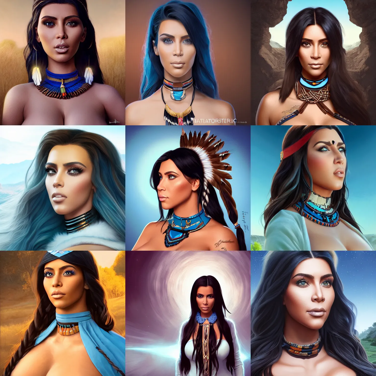 Prompt: portrait cartoon render of a strikingly gorgeous assiniboine and mandan thick kim kardashian with blue eyes and long dark brown hair, wearing a native american choker, rossdraws, artgerm, norman rockwell, emiliano ponzi, epic composition, hd, octane, unreal engine, volumetric lighting, light rays, masterpiece, award - winning