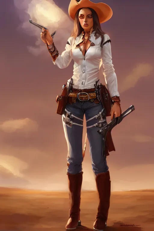 Image similar to full body, female cowgirl, perfect face, white blouse, long rifle, 8 k, magic the gathering, desert, d & d, artstation