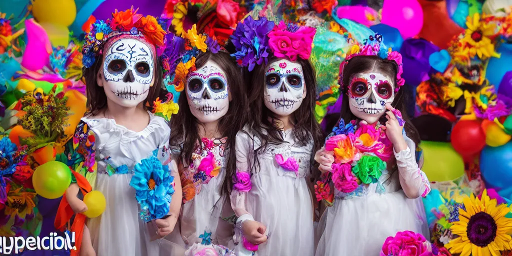 Prompt: day of the dead costumes, kids birthday party, photoshoot, trending magazine, hyperrealistic, octane render,