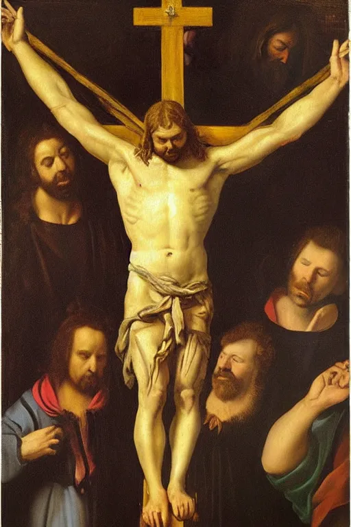 Image similar to “ garfield in the painting ‘ christ crucified ’ by diego velazquez ”