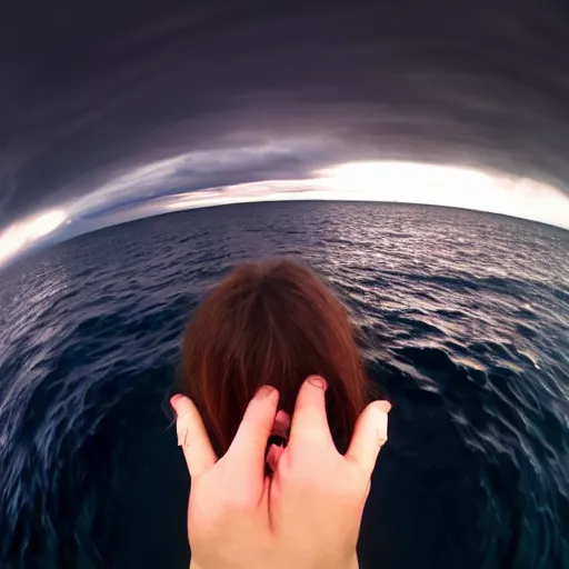 Prompt: Selfie!!!!! of a frightened!!!!! woman, in the middle of the ocean!!!!!, nighttime!!!!, cloudy dark sky, first-person view, fisheye!!!!! lens!!!!!, photorealistic image, trending on artstation, 4k, 8k