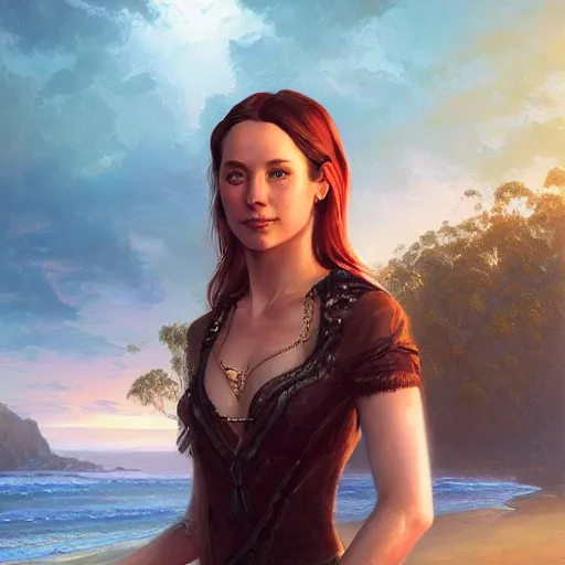 Image similar to portrait of a australian woman ( 3 5 ) from australia in 2 0 2 1, an oil painting by ross tran and thomas kincade