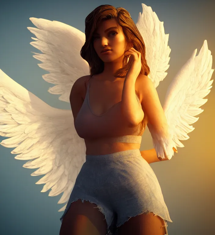 Image similar to centered waist up portrait of an angel + glowing outlines, bokeh + DOF + 8k, photorealistic + rendered in unreal engine + ultra realistic + backlit + strong rimlight, sunset + HDRI, HD, Photoreal
