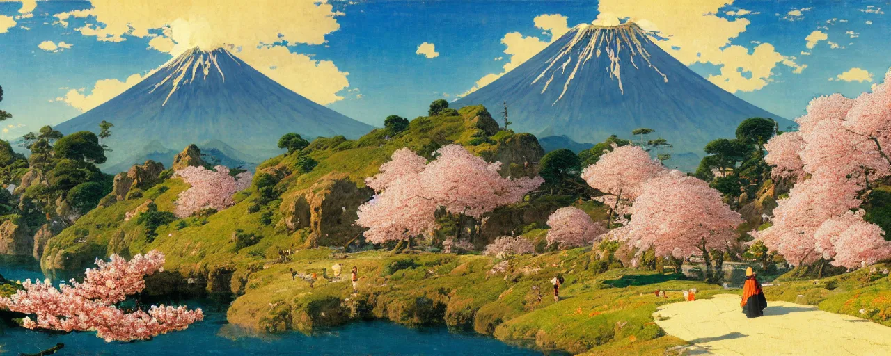 Prompt: ghibli illustrated background of a strikingly beautiful over a volcano with cherry blossom by vasily polenov, eugene von guerard, ivan shishkin, albert edelfelt, john singer sargent, 4 k